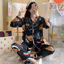 Ice silk pajamas womens spring and autumn and summer thin long-sleeved two-piece suit Silk cardigan cartoon womens home clothes autumn and winter