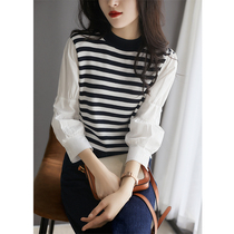 Laughs Culverts New Needle Shuttle Phase Collared Striped Knit Cardigan Blouse with a little crowdsourced ZYP461465AG