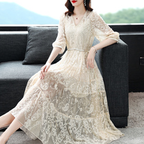 Silk dress womens summer 2021 new temperament loose and thin mulberry silk embroidery beaded mid-length skirt
