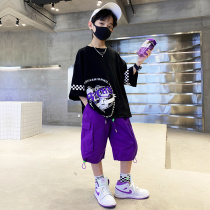 Boomer Boy Short Sleeve Suit Summer Dress 2022 New Children Summer Net Red Ocean Atmosphere Big Boy Sports Two Sets