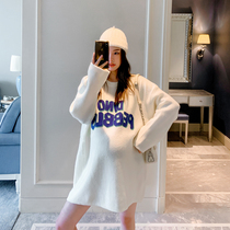 Pregnant women sweater spring and autumn pullover lazy loose large size long knitted long sleeve fashion tide mother out coat
