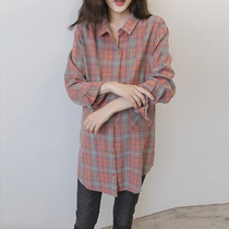 Pregnant womens autumn dress bottom shirt long sleeve coat autumn long sleeve coat pregnancy Korean loose plaid shirt