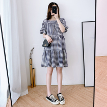 Maternity clothes summer clothes loose cotton square collar plaid mid-length summer doll skirt a-line short-sleeved shirt dress