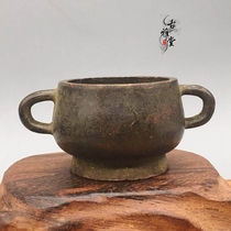 Antique miscellaneous copper fragrance stove daming Xuan De incense oven double ear round flat flat fragrance stove small cup