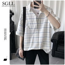 Pure Cotton Short Sleeve Shirt Men Boomer Plaid Plaid Shirt Summer Loose Casual Jacket Uppie Handsome Harbor Wind Half Sleeve Blouse