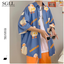 Short-sleeved printed shirt male ruffian handsome net red beach half sleeve ice silk shirt Summer Japanese Hawaiian port wind jacket