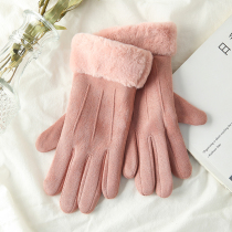 Winter gloves womens autumn and winter suede plus velvet thickened touch screen cute warm and windproof motorcycle riding Outdoor
