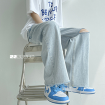 Light-coloured broken hole wool side jeans Mens loose straight drum Summer slim Tide Cards Broadlegged Pants Casual 100 lap long pants