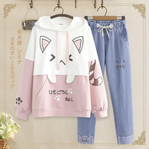 Junior high school students autumn and winter womens suit college style 2021 girls Korean sports leisure plus velvet sweater two-piece thick