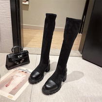 Brand counter discount shop spicy leather splicing pile boots female thick heel sleeve autumn and winter thin boots