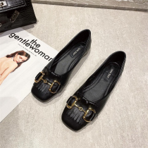 WUXIE French tea break retro square tassel shallow milk shoes women metal horse bottom buckle flat shoes