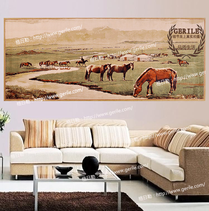Mongolian pure wool tapestry wall blanket (Savannah close-up horse) living room office 1.7 x 4 meters