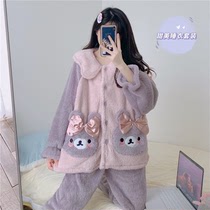 Winter pajamas female students cute sweet soft glutinous bear pocket suit can be worn outside plus velvet padded home clothes (