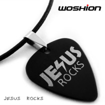 TITANIUM STEEL Metal Personality Rock Guitar Pick Necklace JESUS ROCKS JESUS IS ROCK