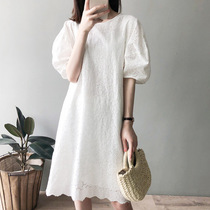 sandro kramie white lace dress short-sleeved summer thin French hollow bubble sleeve temperament