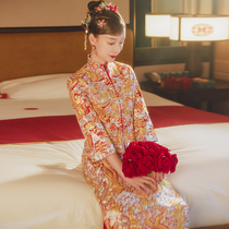Golden thin dragon and phoenix coat Xiuhe dress bride 2021 new Chinese wedding dress summer big five blessing female summer