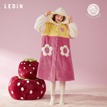 Lemachi Winter New Sleepwear Womens Winter Sweet Beauty Hit Color Home Dress Cute Teenage Girl Winter Long Coral Suede Pajamas