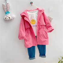 Girls long hooded windbreaker zipper shirt Korean solid color waist jacket children 2021 Spring and Autumn New