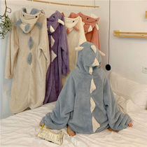 Korean version of autumn and winter pajamas female students loose cute dinosaur coral velvet plus velvet thick ins nightgown home clothes
