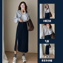 Small man high-fried street new semi-professional sweater two dress dress 2021 spring denim half-length skirt