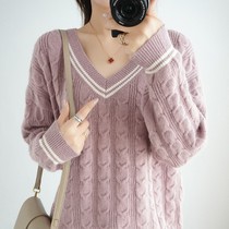 2021 High-end Sweater Autumn Winter Europe and America Loose Knitted Sweater Wear Thick V-Neck Sweater Light Luxury Women