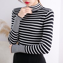 2021 autumn and winter foreign semi-high collar striped pullover thick bottomed sweater T-shirt Womens inner sweater slim