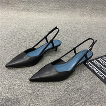Baotou sandals womens 2021 spring and summer new leather pointed mid-heel shoes with thin heels fairy style womens shoes