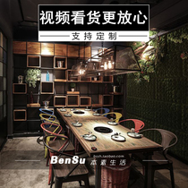 Commercial dining hall with solid wood smoke-free barbecue meat hot pot Hotel table and chair combination Induction cooker one round table customization