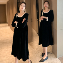 Spring and autumn pregnant womens fashion style wooden ear knee over the belly gold velvet loose pregnant dress