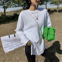 (Earth shop) white side fork loose slim long sleeve T-shirt women autumn comfortable fashionable base shirt top