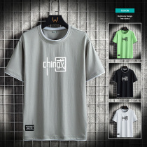 Mens pure cotton Guochao 100 lap fake two t-shirt blouses port wind casual loose 100 hitch on the bottom shirt