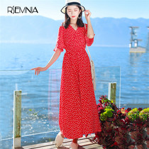 Rsemnia seaside resort beach dress red wave dot chiffon dress Super fairy waist long skirt