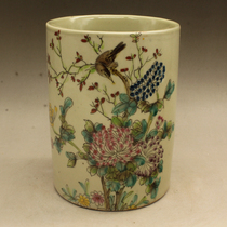 Qing Tongzhi pastel trees flowers and birds round pen holder antique porcelain antique ornaments antique old porcelain