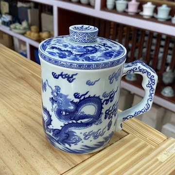C6744 時代 【道八製】 染付青花 龍紋 茶杯 5客／箱付 2