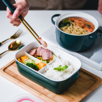 Ceramic grid lunch box Dark green lunch box Microwave oven special bowl Sealing belt cover class with rice preservation bowl