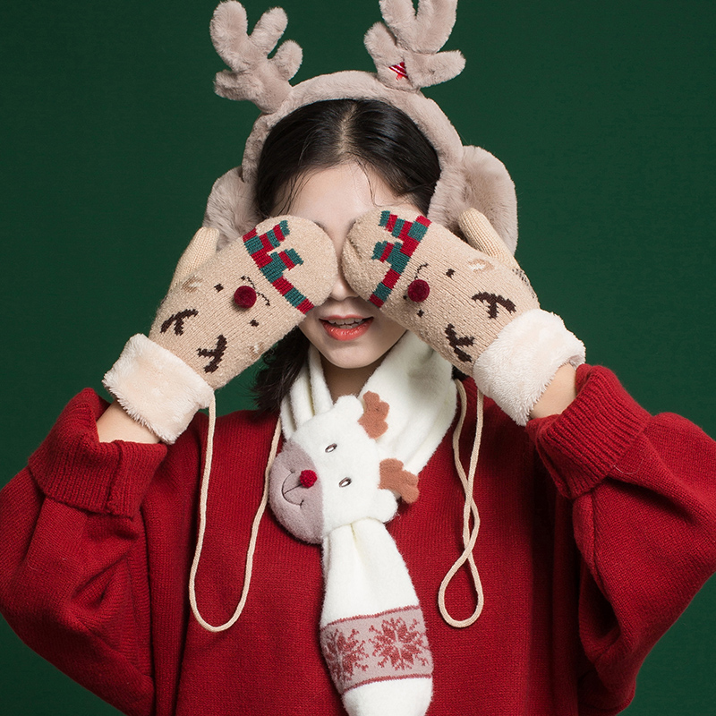 冬の女性用手袋暖かいプラスベルベット肥厚ニットウール手蒸れ学生韓国語バージョンかわいいクリスマスギフト