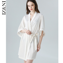 IIZZINI 2022 Sleeping Robe Girl Spring Summer Ice Silk Thin minimalist white lacing loose Home Clothing Bathrobe Morning Gown