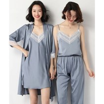Temperament pajamas female summer spring autumn Ice Silk large size lace suspender skirt thin silk nightgown bathrobe five sets