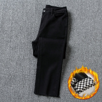 Black plus velvet straight jeans womens high waist winter 2021 New thick warm outer wear pipe pants can be flanged