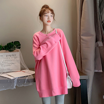 Pregnant women plus velvet sweater 2022 autumn and winter suit fashion new loose cotton T-shirt long round neck jacket