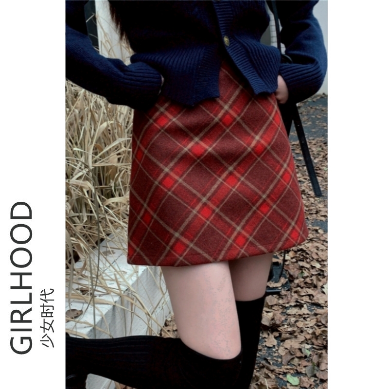 秋冬の女性用赤いウールのチェック柄スカート、厚みのあるハイウエストのスリムなAラインスカート、ヒップカバースカート、レトロなチェック柄のスカート