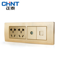 New Chint 118 switch socket 5D drawing gold embedded steel frame four position two plug TV computer socket