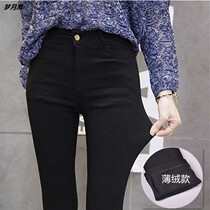 Winter black plus thin suede outside wearing pencil small feet beating bottom pants lady Spring-autumn tight fit elastic Korean version long pants