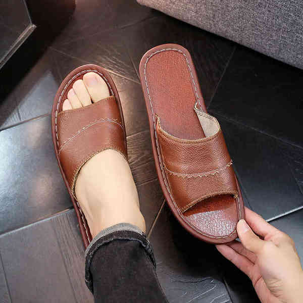 Кожаные летние нескользящие тапочки подходит для мужчин и женщин, слайдеры для влюбленных, из натуральной кожи