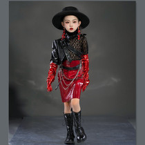 Girls patent leather motorcycle clothing heavy industry show technology clothing fashion children's clothing model cool wind wine red leather skirt suit