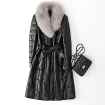 100% Sheepskin Fox Wool Collar Fall Winter Haining Leather Sheepskin Down cotton-padded jacket Women's Long Leather Coat