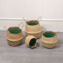 Living room decorations flower blue woven basket home dormitory portable bamboo basket ornaments green plant pot shell large