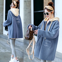 Pregnant women winter cashmere pregnant women jacket fashion set Korean drawstring color hooded long tide