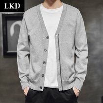 2021 spring and autumn new mens knitted cardigan Korean version of the trend to wear casual V-neck sweater jacket mens line clothing trend
