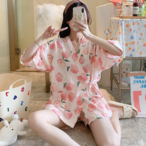 Kimono pajamas womens summer cotton gauze net red explosion 2021 new summer cute short-sleeved two-piece set